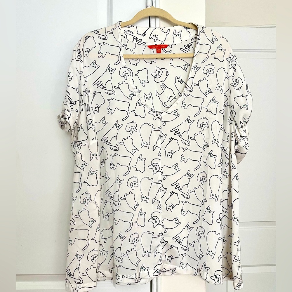 ModCloth White Short Sleeve Cat Print Blouse Shirt